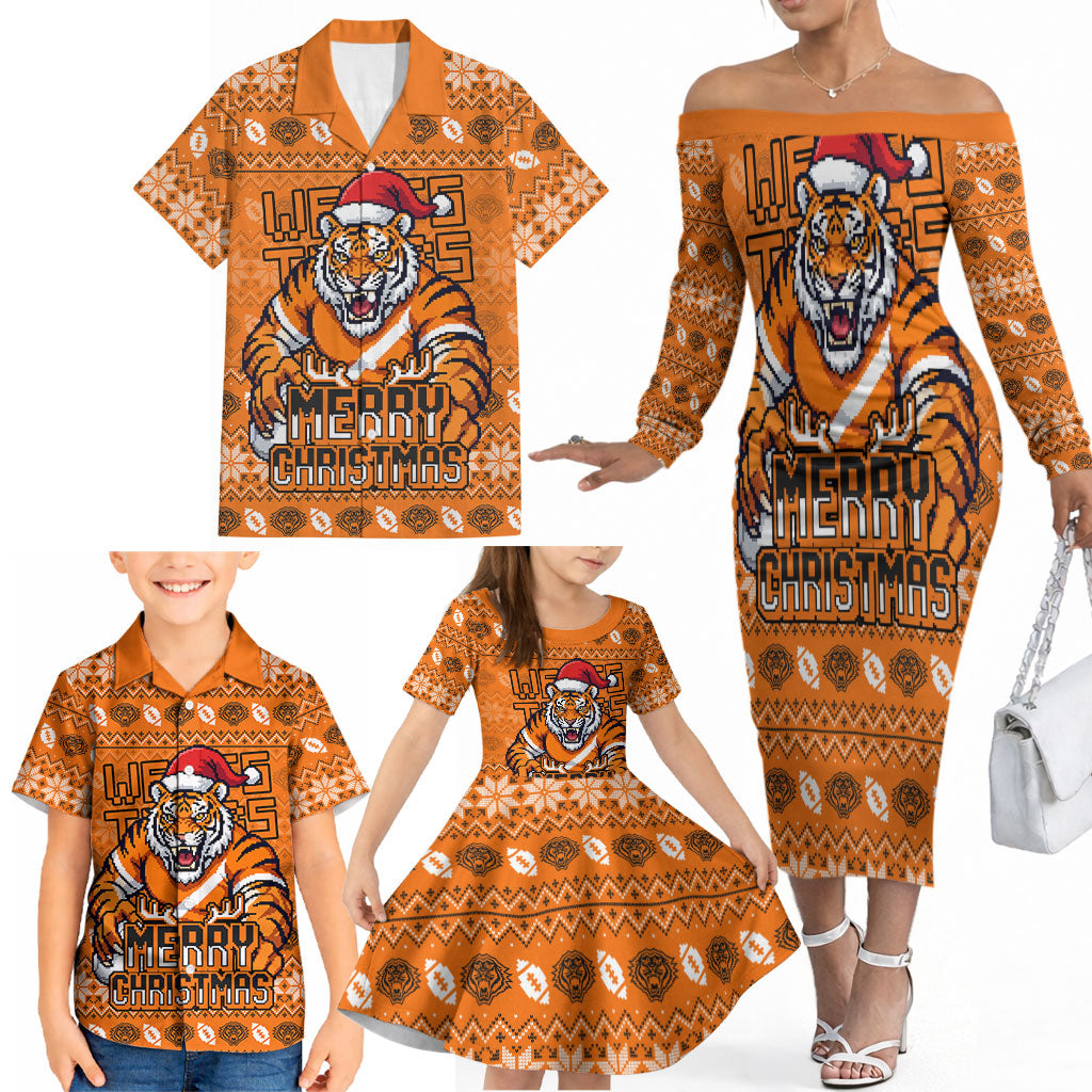 Personalized Wests Tigers Christmas Family Matching Off The Shoulder Long Sleeve Dress and Hawaiian Shirt Australian Rugby Fans - Pixelated Ugly Xmas Pattern Mascot Santa