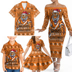 Personalized Wests Tigers Christmas Family Matching Off The Shoulder Long Sleeve Dress and Hawaiian Shirt Australian Rugby Fans - Pixelated Ugly Xmas Pattern Mascot Santa