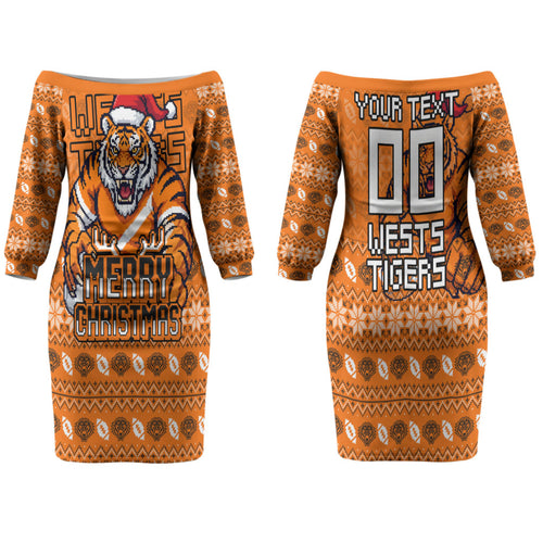 Personalized Wests Tigers Christmas Family Matching Off The Shoulder Long Sleeve Dress and Hawaiian Shirt Australian Rugby Fans - Pixelated Ugly Xmas Pattern Mascot Santa