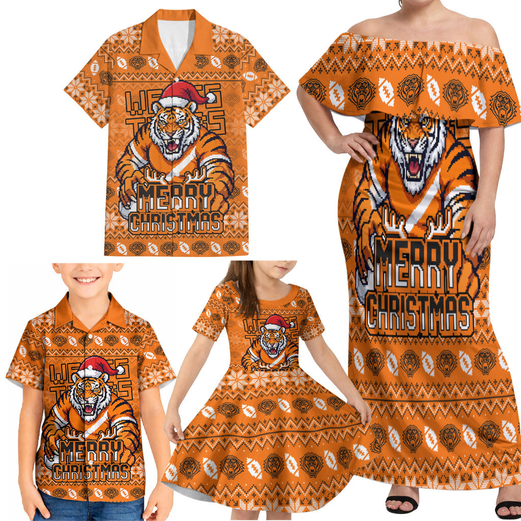 Personalized Wests Tigers Christmas Family Matching Off Shoulder Maxi Dress and Hawaiian Shirt Australian Rugby Fans - Pixelated Ugly Xmas Pattern Mascot Santa