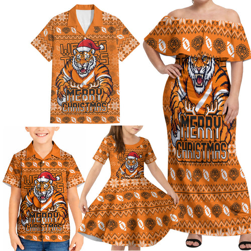 Personalized Wests Tigers Christmas Family Matching Off Shoulder Maxi Dress and Hawaiian Shirt Australian Rugby Fans - Pixelated Ugly Xmas Pattern Mascot Santa
