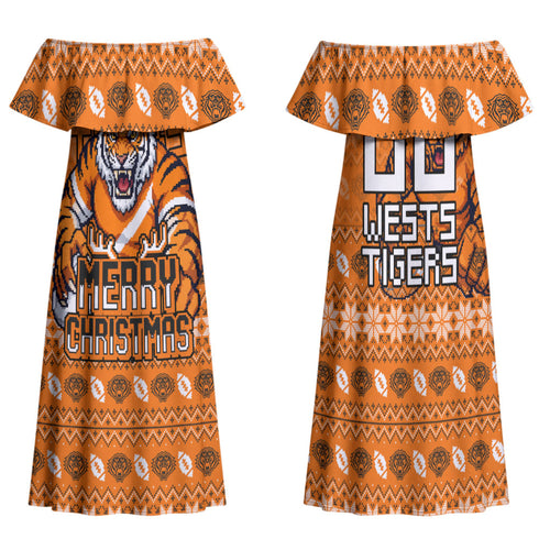 Personalized Wests Tigers Christmas Family Matching Off Shoulder Maxi Dress and Hawaiian Shirt Australian Rugby Fans - Pixelated Ugly Xmas Pattern Mascot Santa
