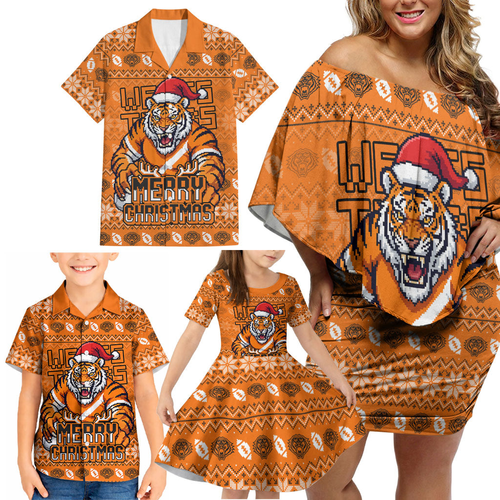 Personalized Wests Tigers Christmas Family Matching Off Shoulder Short Dress and Hawaiian Shirt Australian Rugby Fans - Pixelated Ugly Xmas Pattern Mascot Santa