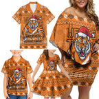 Personalized Wests Tigers Christmas Family Matching Off Shoulder Short Dress and Hawaiian Shirt Australian Rugby Fans - Pixelated Ugly Xmas Pattern Mascot Santa