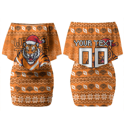 Personalized Wests Tigers Christmas Family Matching Off Shoulder Short Dress and Hawaiian Shirt Australian Rugby Fans - Pixelated Ugly Xmas Pattern Mascot Santa