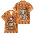 Personalized Wests Tigers Christmas Family Matching Off Shoulder Short Dress and Hawaiian Shirt Australian Rugby Fans - Pixelated Ugly Xmas Pattern Mascot Santa