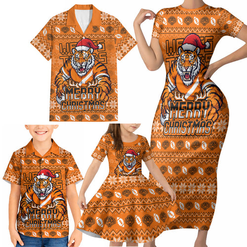 Personalized Wests Tigers Christmas Family Matching Short Sleeve Bodycon Dress and Hawaiian Shirt Australian Rugby Fans - Pixelated Ugly Xmas Pattern Mascot Santa