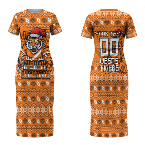 Personalized Wests Tigers Christmas Family Matching Short Sleeve Bodycon Dress and Hawaiian Shirt Australian Rugby Fans - Pixelated Ugly Xmas Pattern Mascot Santa