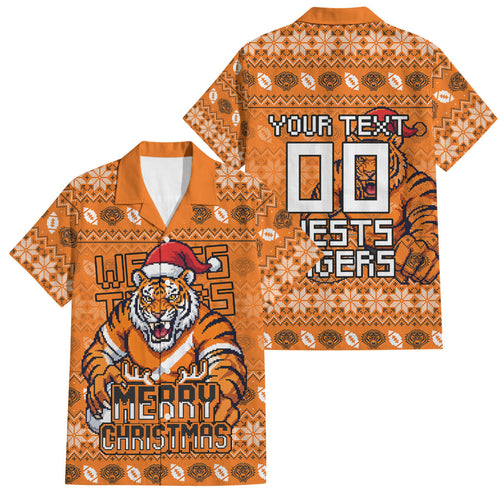 Personalized Wests Tigers Christmas Family Matching Short Sleeve Bodycon Dress and Hawaiian Shirt Australian Rugby Fans - Pixelated Ugly Xmas Pattern Mascot Santa