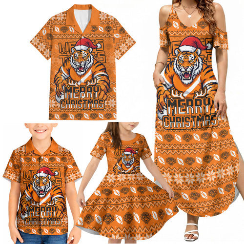 Personalized Wests Tigers Christmas Family Matching Summer Maxi Dress and Hawaiian Shirt Australian Rugby Fans - Pixelated Ugly Xmas Pattern Mascot Santa