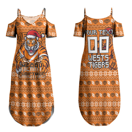 Personalized Wests Tigers Christmas Family Matching Summer Maxi Dress and Hawaiian Shirt Australian Rugby Fans - Pixelated Ugly Xmas Pattern Mascot Santa