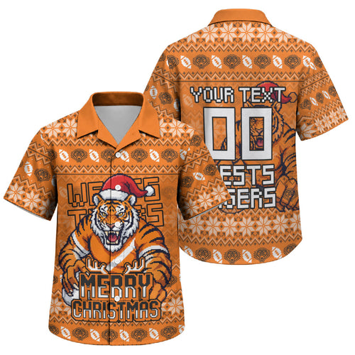 Personalized Wests Tigers Christmas Family Matching Summer Maxi Dress and Hawaiian Shirt Australian Rugby Fans - Pixelated Ugly Xmas Pattern Mascot Santa