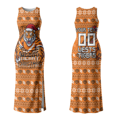Personalized Wests Tigers Christmas Family Matching Tank Maxi Dress and Hawaiian Shirt Australian Rugby Fans - Pixelated Ugly Xmas Pattern Mascot Santa