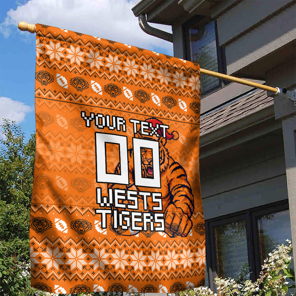 Personalized Wests Tigers Christmas Garden Flag Australian Rugby Fans - Pixelated Ugly Xmas Pattern Mascot Santa