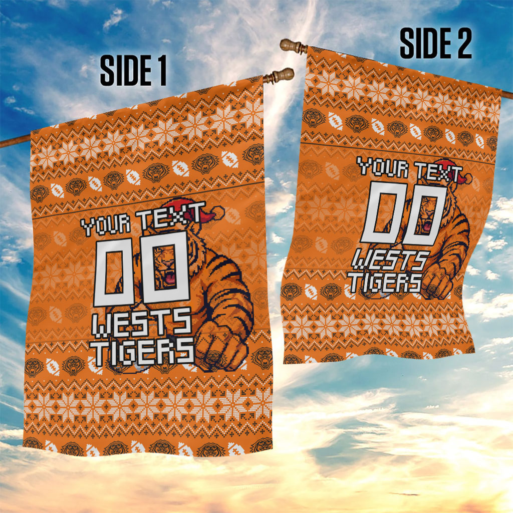 Personalized Wests Tigers Christmas Garden Flag Australian Rugby Fans - Pixelated Ugly Xmas Pattern Mascot Santa