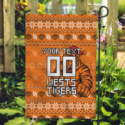 Personalized Wests Tigers Christmas Garden Flag Australian Rugby Fans - Pixelated Ugly Xmas Pattern Mascot Santa