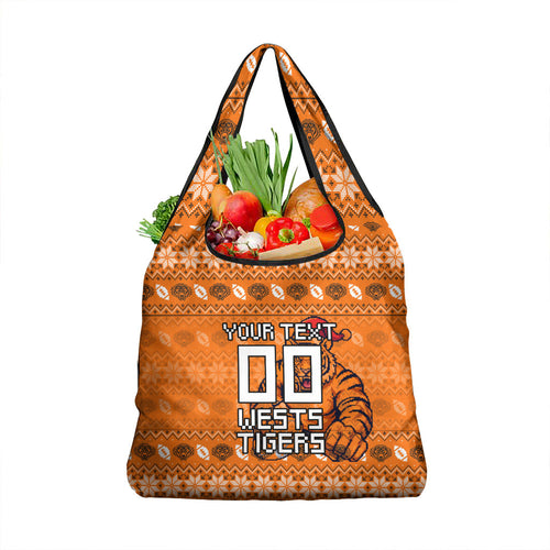 Personalized Wests Tigers Christmas Grocery Bag Australian Rugby Fans - Pixelated Ugly Xmas Pattern Mascot Santa