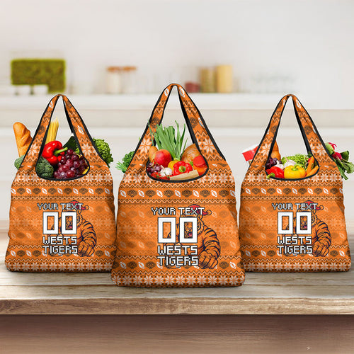 Personalized Wests Tigers Christmas Grocery Bag Australian Rugby Fans - Pixelated Ugly Xmas Pattern Mascot Santa