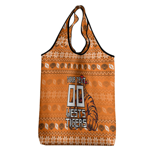Personalized Wests Tigers Christmas Grocery Bag Australian Rugby Fans - Pixelated Ugly Xmas Pattern Mascot Santa