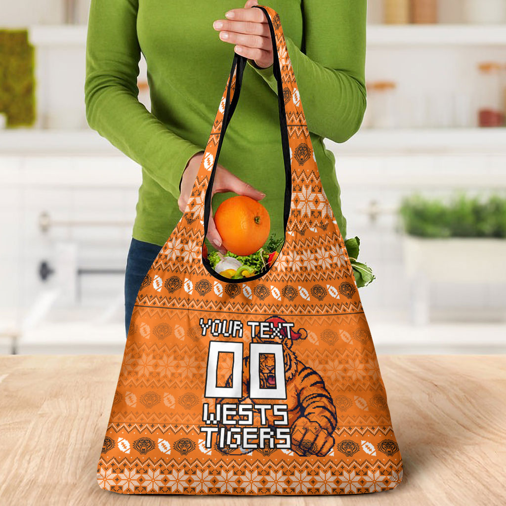 Personalized Wests Tigers Christmas Grocery Bag Australian Rugby Fans - Pixelated Ugly Xmas Pattern Mascot Santa