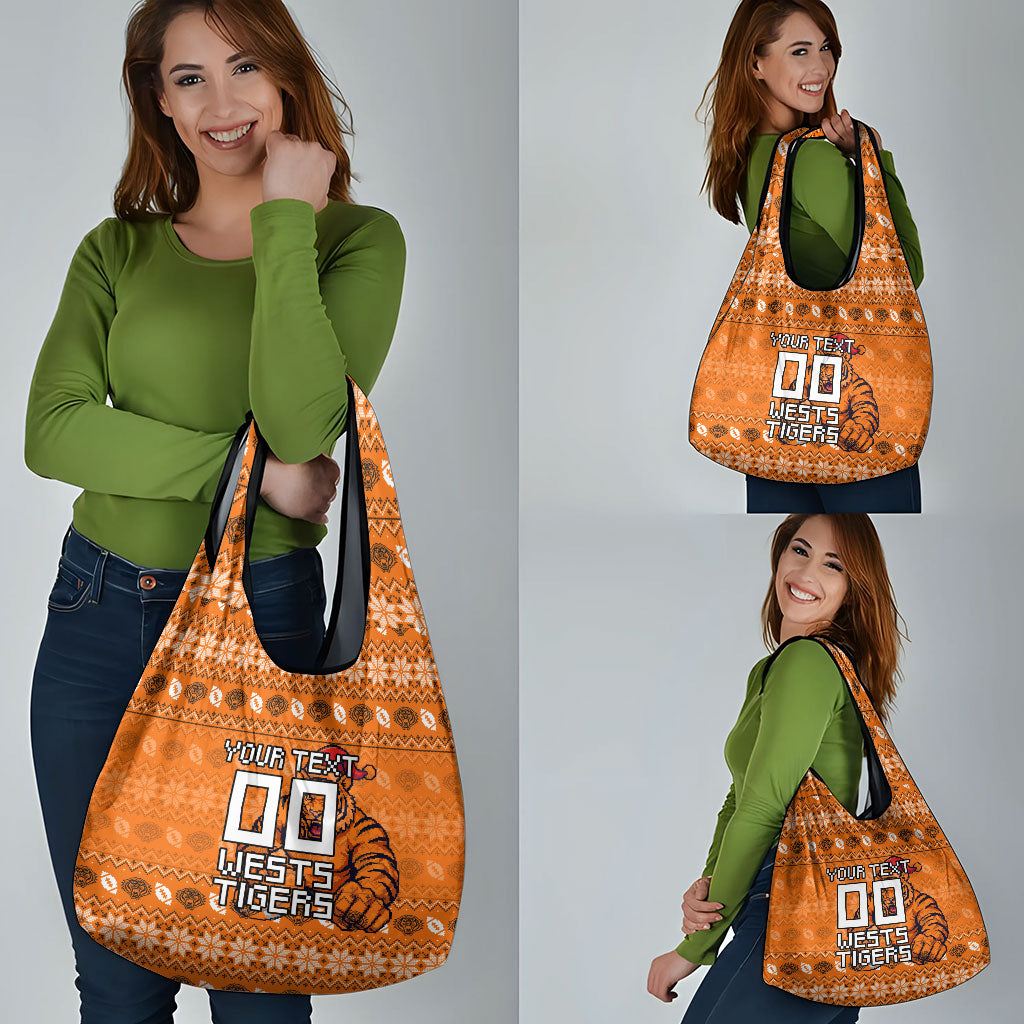 Personalized Wests Tigers Christmas Grocery Bag Australian Rugby Fans - Pixelated Ugly Xmas Pattern Mascot Santa