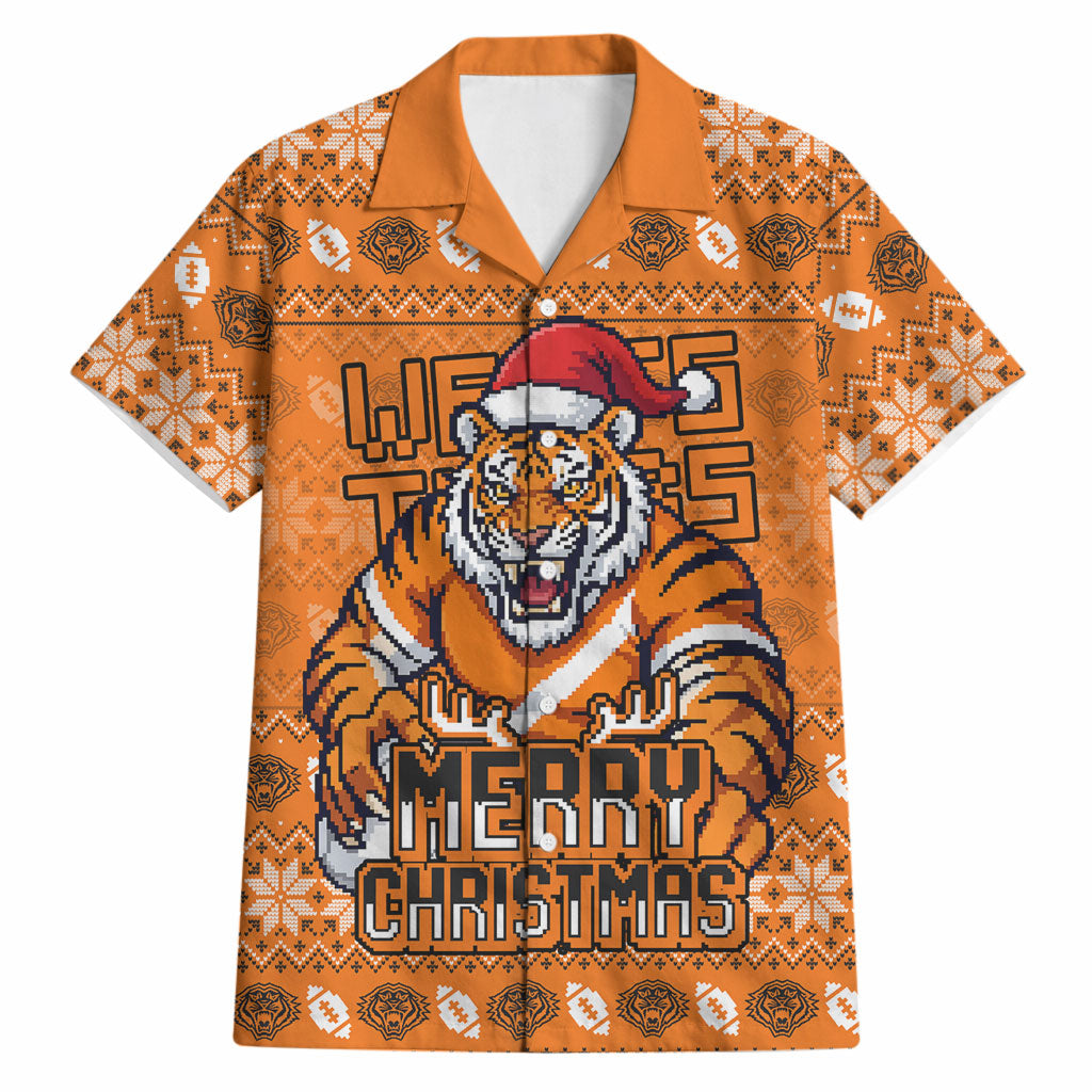 Personalized Wests Tigers Christmas Hawaiian Shirt Australian Rugby Fans - Pixelated Ugly Xmas Pattern Mascot Santa