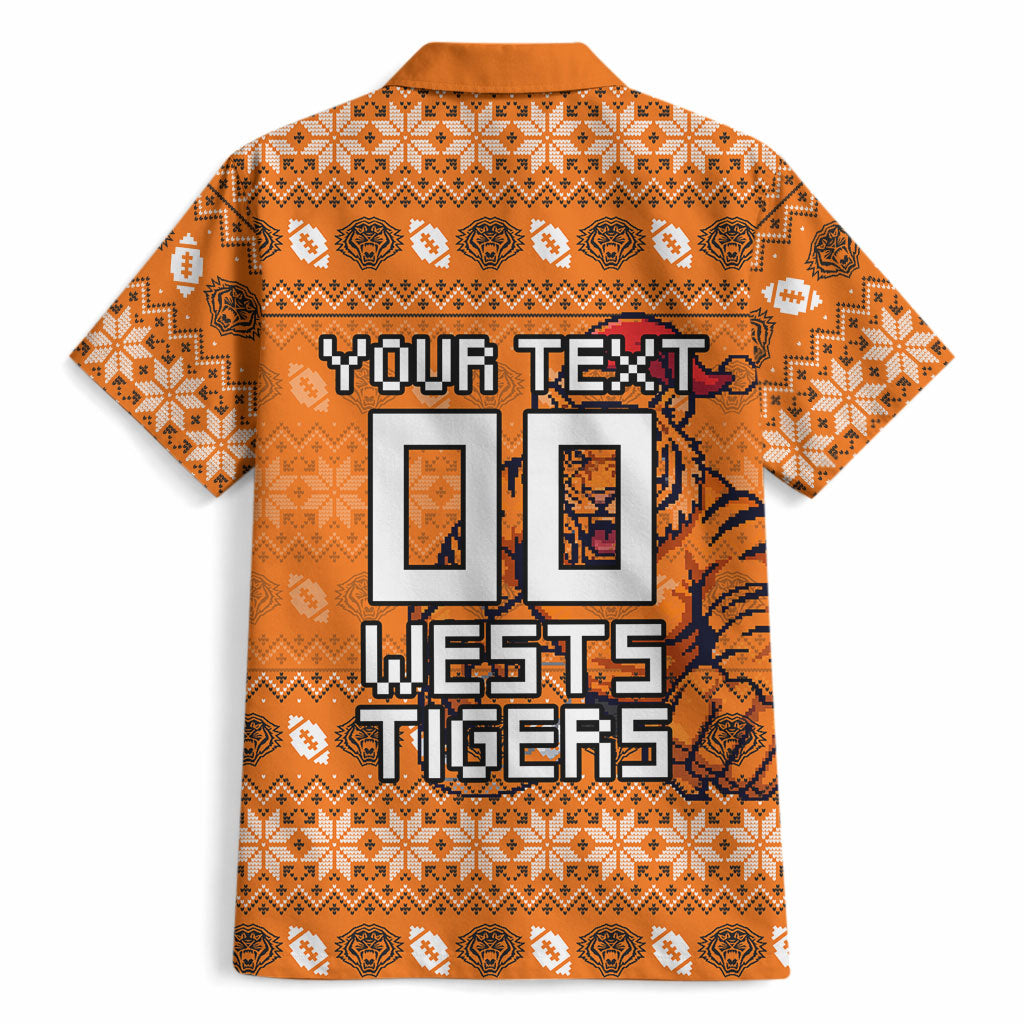 Personalized Wests Tigers Christmas Hawaiian Shirt Australian Rugby Fans - Pixelated Ugly Xmas Pattern Mascot Santa