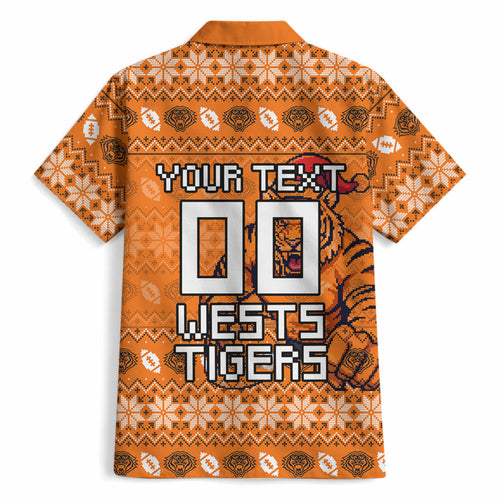 Personalized Wests Tigers Christmas Hawaiian Shirt Australian Rugby Fans - Pixelated Ugly Xmas Pattern Mascot Santa