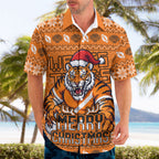 Personalized Wests Tigers Christmas Hawaiian Shirt Australian Rugby Fans - Pixelated Ugly Xmas Pattern Mascot Santa