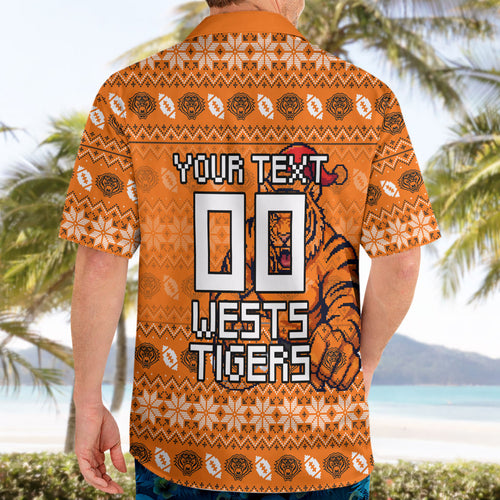 Personalized Wests Tigers Christmas Hawaiian Shirt Australian Rugby Fans - Pixelated Ugly Xmas Pattern Mascot Santa
