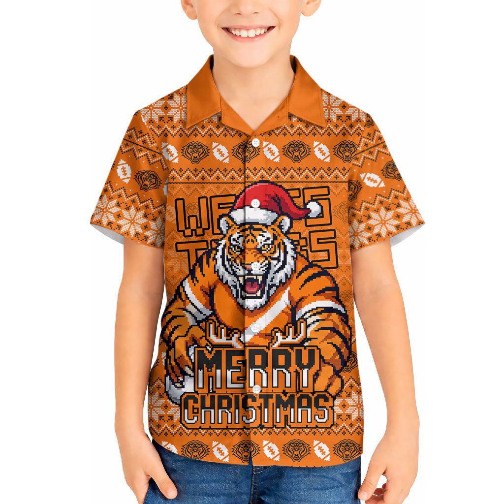 Personalized Wests Tigers Christmas Hawaiian Shirt Australian Rugby Fans - Pixelated Ugly Xmas Pattern Mascot Santa