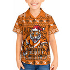 Personalized Wests Tigers Christmas Hawaiian Shirt Australian Rugby Fans - Pixelated Ugly Xmas Pattern Mascot Santa