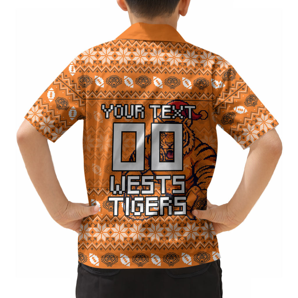 Personalized Wests Tigers Christmas Hawaiian Shirt Australian Rugby Fans - Pixelated Ugly Xmas Pattern Mascot Santa