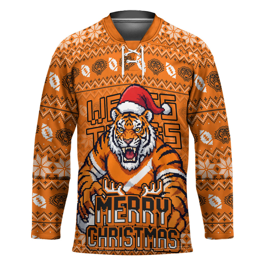 Personalized Wests Tigers Christmas Hockey Jersey Australian Rugby Fans - Pixelated Ugly Xmas Pattern Mascot Santa