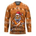 Personalized Wests Tigers Christmas Hockey Jersey Australian Rugby Fans - Pixelated Ugly Xmas Pattern Mascot Santa