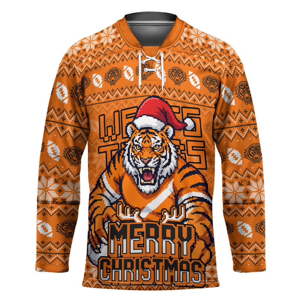 Personalized Wests Tigers Christmas Hockey Jersey Australian Rugby Fans - Pixelated Ugly Xmas Pattern Mascot Santa