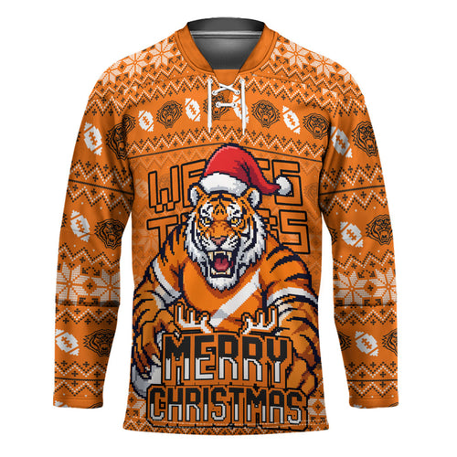 Personalized Wests Tigers Christmas Hockey Jersey Australian Rugby Fans - Pixelated Ugly Xmas Pattern Mascot Santa