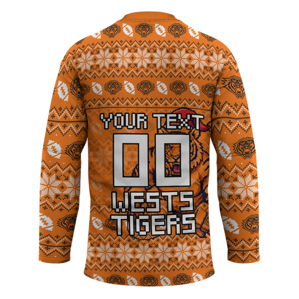 Personalized Wests Tigers Christmas Hockey Jersey Australian Rugby Fans - Pixelated Ugly Xmas Pattern Mascot Santa