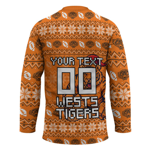 Personalized Wests Tigers Christmas Hockey Jersey Australian Rugby Fans - Pixelated Ugly Xmas Pattern Mascot Santa