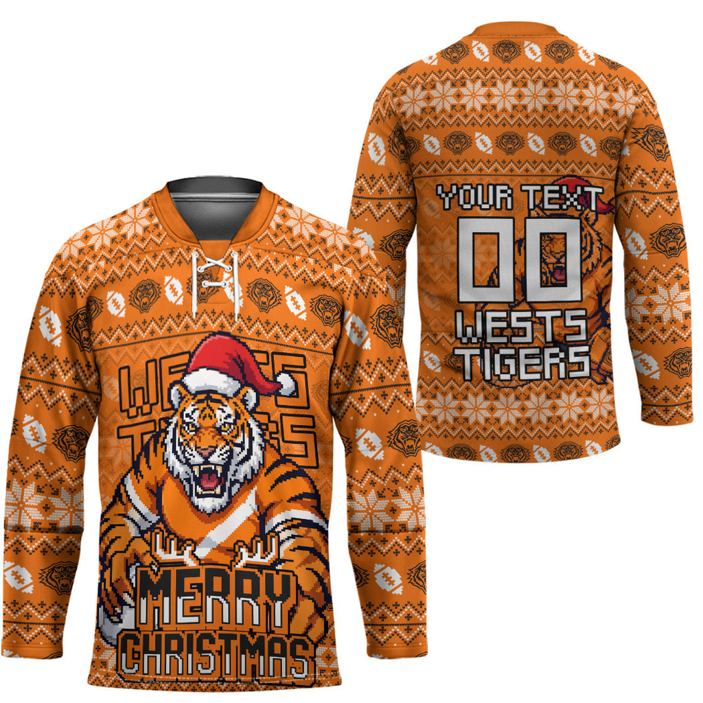 Personalized Wests Tigers Christmas Hockey Jersey Australian Rugby Fans - Pixelated Ugly Xmas Pattern Mascot Santa