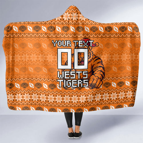 Personalized Wests Tigers Christmas Hooded Blanket Australian Rugby Fans - Pixelated Ugly Xmas Pattern Mascot Santa