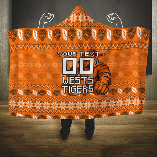 Personalized Wests Tigers Christmas Hooded Blanket Australian Rugby Fans - Pixelated Ugly Xmas Pattern Mascot Santa