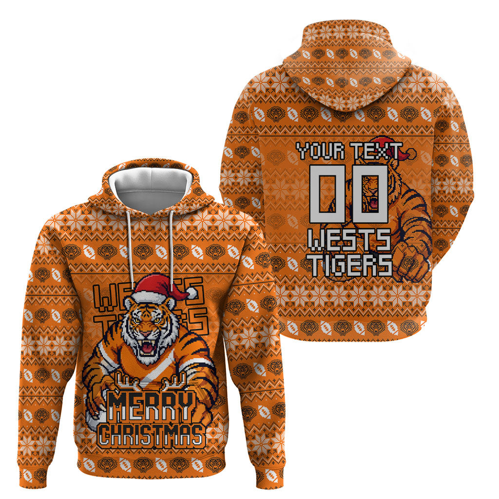 Personalized Wests Tigers Christmas Hoodie Australian Rugby Fans - Pixelated Ugly Xmas Pattern Mascot Santa