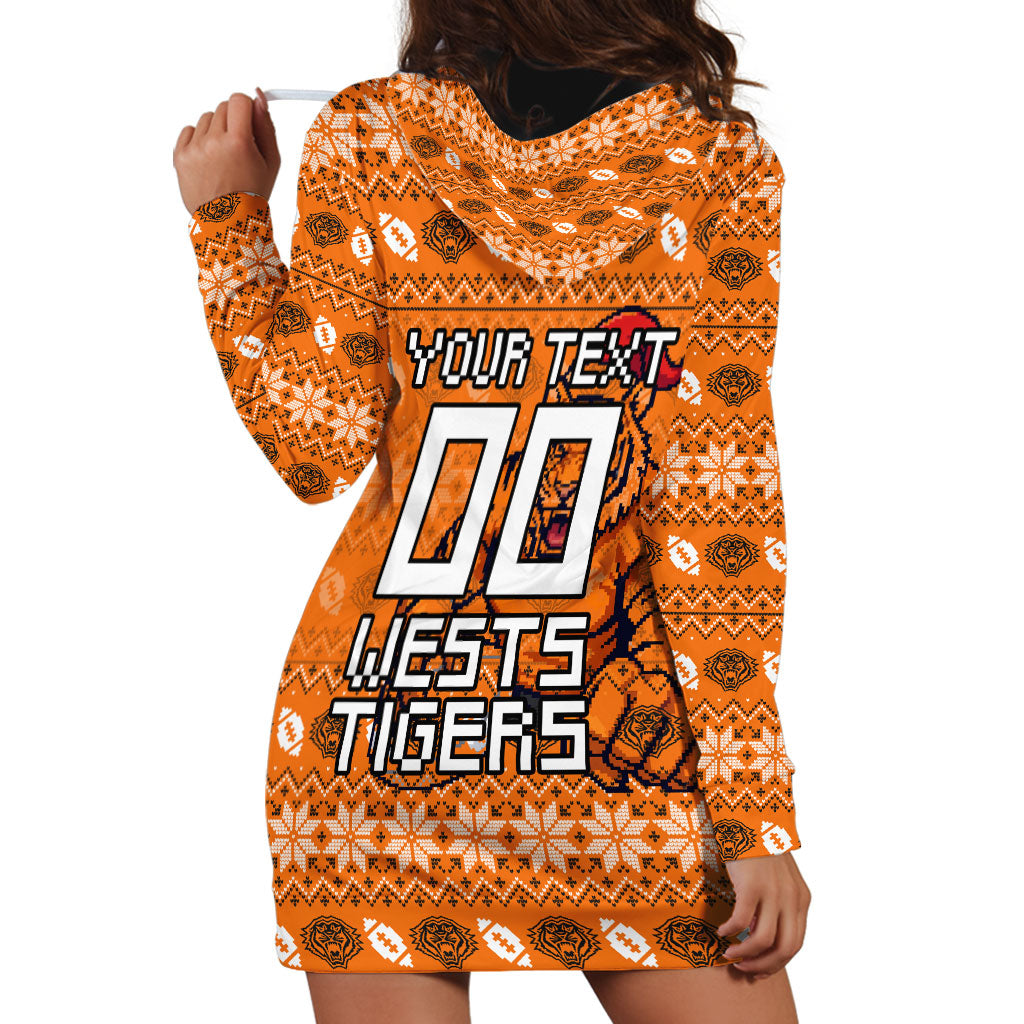 Personalized Wests Tigers Christmas Hoodie Dress Australian Rugby Fans - Pixelated Ugly Xmas Pattern Mascot Santa