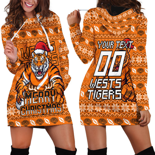 Personalized Wests Tigers Christmas Hoodie Dress Australian Rugby Fans - Pixelated Ugly Xmas Pattern Mascot Santa