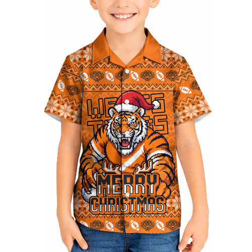 Personalized Wests Tigers Christmas Kid Hawaiian Shirt Australian Rugby Fans - Pixelated Ugly Xmas Pattern Mascot Santa