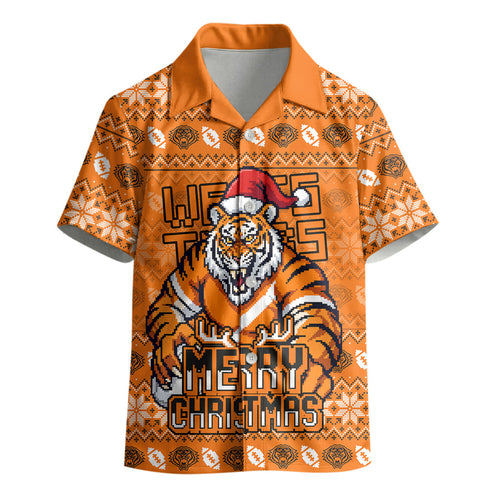 Personalized Wests Tigers Christmas Kid Hawaiian Shirt Australian Rugby Fans - Pixelated Ugly Xmas Pattern Mascot Santa