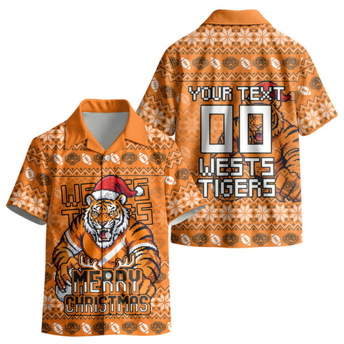 Personalized Wests Tigers Christmas Kid Hawaiian Shirt Australian Rugby Fans - Pixelated Ugly Xmas Pattern Mascot Santa