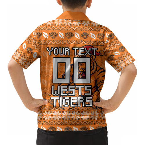 Personalized Wests Tigers Christmas Kid Hawaiian Shirt Australian Rugby Fans - Pixelated Ugly Xmas Pattern Mascot Santa
