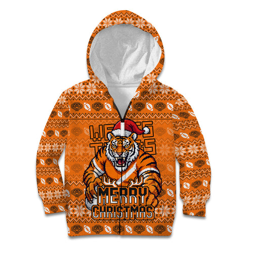 Personalized Wests Tigers Christmas Kid Hoodie Australian Rugby Fans - Pixelated Ugly Xmas Pattern Mascot Santa